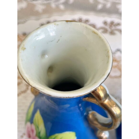 Vintage Pair 1950s Small Hand Painted Blue Flower Vases - Picture 3 of 11